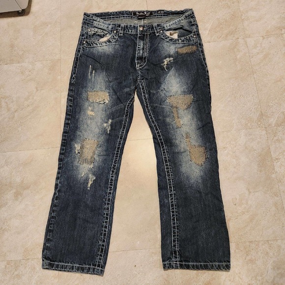 Smoke Rise Mens 38x30 DISTRESSED HipHop Embroidered Skater Jeans Streetwear Wide - Picture 2 of 11